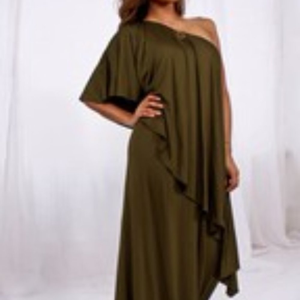 OLIVE ONE-SHOULDER RUFFLE MAXI DRESS - Picture 5 of 5